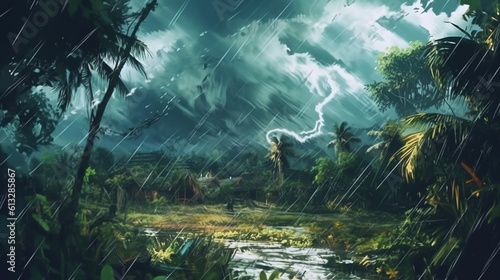 Fototapeta Naklejka Na Ścianę i Meble -  A hurricane sweeping through a jungle . Fantasy concept , Illustration painting. Generative Ai