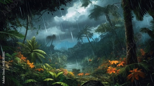 Fototapeta Naklejka Na Ścianę i Meble -  A hurricane sweeping through a jungle . Fantasy concept , Illustration painting. Generative Ai