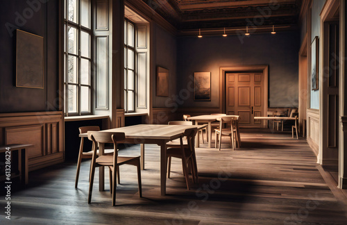 a light and dark wooden space with tables and chairs © Nilima
