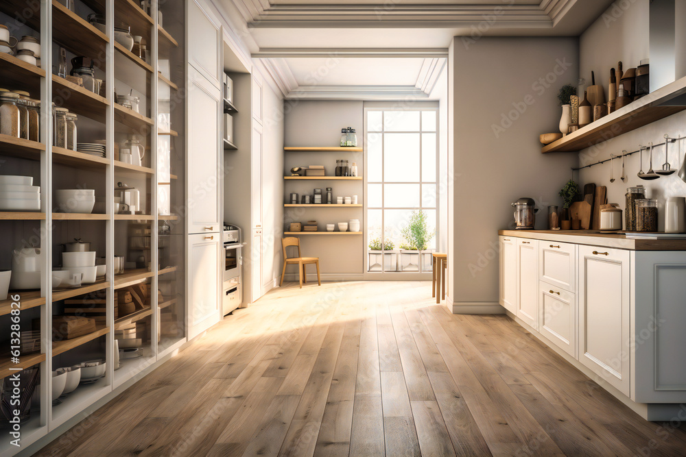 Naklejka premium a white kitchen with wooden floor and shelves for pantry