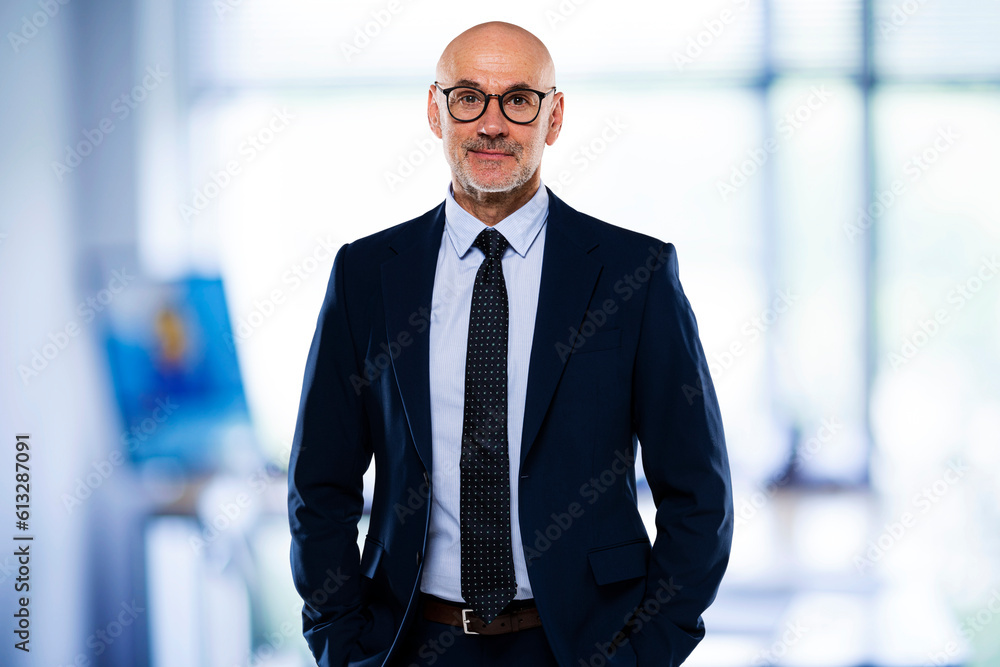 Portrait of mid aged businessman wearing suit and tie while standing at the office Portrait of mid aged businessman wearing suit and tie while standing at the office
