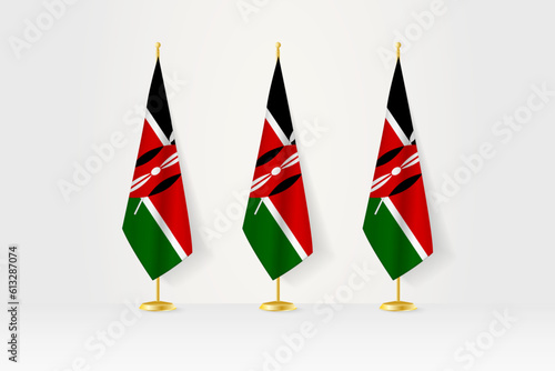 Three Kenya flags in a row on a golden stand, illustration of press conference and other meetings.