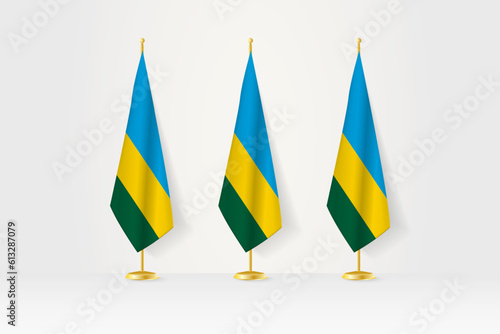 Three Rwanda flags in a row on a golden stand, illustration of press conference and other meetings.