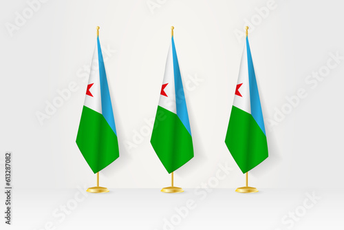 Three Djibouti flags in a row on a golden stand, illustration of press conference and other meetings.