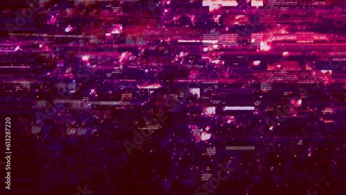 Defected red purple banner HUD interface with abstract and trippy digital code. Concept glitch background 3D illustration overlay with fragments, hex code of cryptocurrency mining and computer crime.