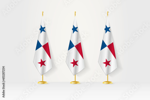 Three Panama flags in a row on a golden stand, illustration of press conference and other meetings.