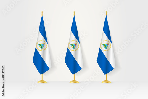 Three Nicaragua flags in a row on a golden stand, illustration of press conference and other meetings.