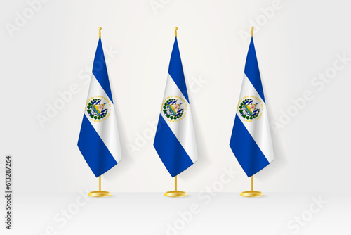 Three El Salvador flags in a row on a golden stand, illustration of press conference and other meetings.