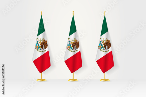 Three Mexico flags in a row on a golden stand, illustration of press conference and other meetings.