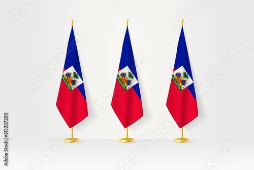 Three Haiti flags in a row on a golden stand, illustration of press conference and other meetings.