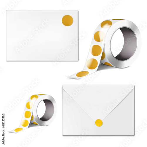 White blank V flap C5 envelope with round label sticker roll realistic vector mock-up. Template for design photo