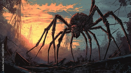 A giant spider lurking in the shadows . Fantasy concept   Illustration painting. Generative Ai