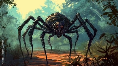 A giant spider lurking in the shadows . Fantasy concept , Illustration painting. Generative Ai © X-Poser