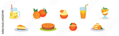 Orange Food with Juice Glass, Lemonade Jar and Pudding Vector Set