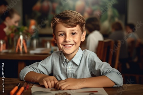 Kreatives Strahlen: Junge mit bunten Buntstiften am Tisch in energetischem Lachen