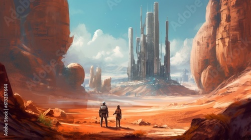 A group of space explorers discovering an ancient temple on an alien planet . Fantasy concept , Illustration painting. Generative Ai