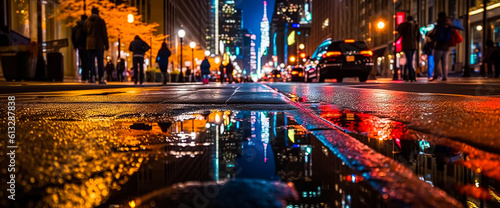 Rainy night in the big city, approaching headlights of a car driving along the avenue. View from the curb onto the street © Viks_jin