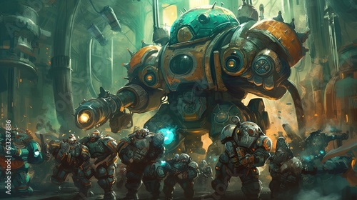 A group of gnomes piloting a steam-powered mech suit in a futuristic arena . Fantasy concept , Illustration painting. Generative Ai