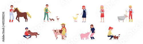 Male and Female Farmer Character Care of Livestock Breeding Vector Set