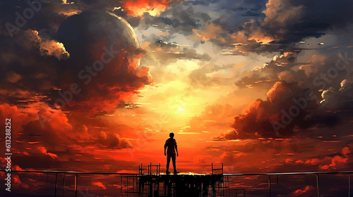a man standing on top of a modern city, thinking about life, ai generated image