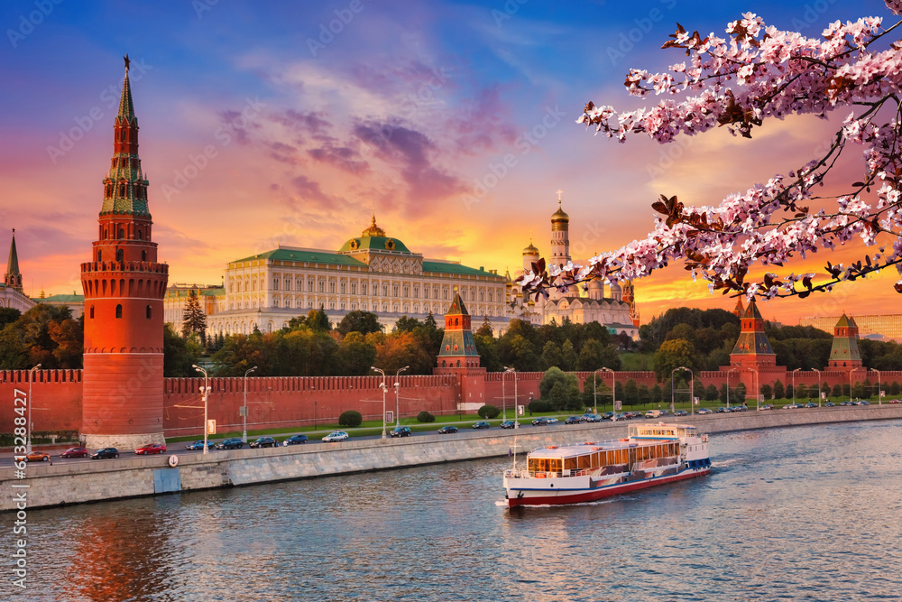 Moscow river and kremlin at spring sunset, Moscow, Russia