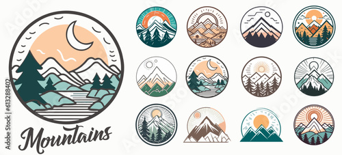 Mountain vector emblem logo templates collection. Mountain, forest and sun vector illustration.