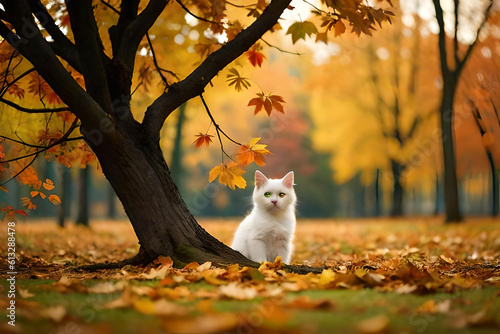 a cat with a tree branch, surrounded by falling autumn leaves, symbolizing the beauty of nature