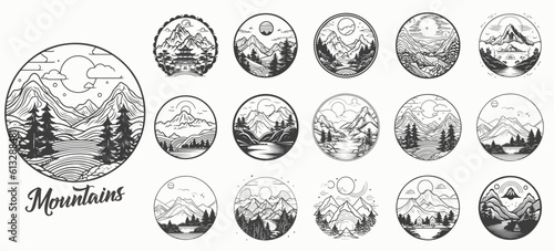 Mountain vector emblem logo templates collection. Mountain, forest and sun vector illustration.