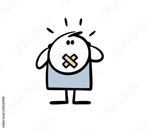 Angry, helpless stickman with a Band-Aid over his mouth. Vector illustration of a man in a panic.