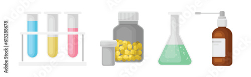 Medicine with Pills in Vial, Spray Bottle and Flask with Chemical Vector Set