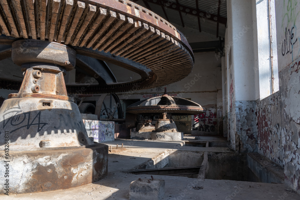 Interior of old abandoned hydro power plant on Vrbas river in Banja Luka, built in 1899