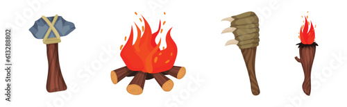 Stone Age Objects and Hunting Weapons with Burn Fire Vector Set
