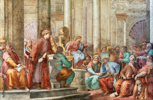 GENOVA, ITALY - MARCH 6, 2023: The fresco of  Twelve old Jesus in the Temin the church Basilica della Santissima Annunziata del Vastato by  brothers Giovanni e Giovanni Battista Carlone from 17. cent.