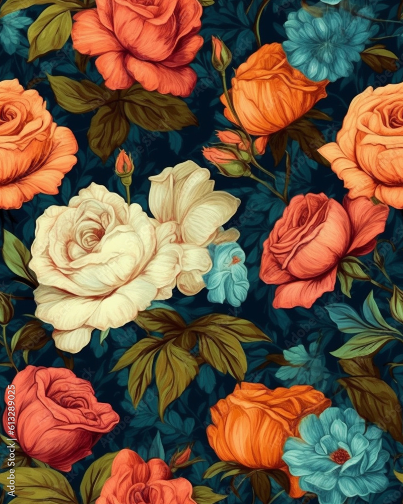 Hand drawing wallpaper tileable pattern of roses created with Generative AI technology Hand drawing wallpaper tileable pattern of roses created with Generative AI technology