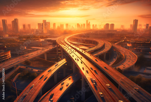 vehicles driven over a highway at sunset