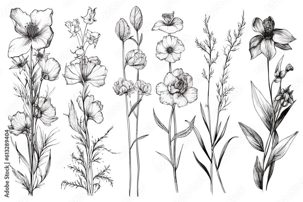 Botanical linear flower set. Abstract creative floral  vector art  generative AI