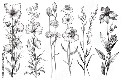 Botanical linear flower set. Abstract creative floral vector art generative AI