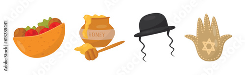 Israeli or Jewish Attributes with Falafal, Honey, Hat and Hamsa Vector Set