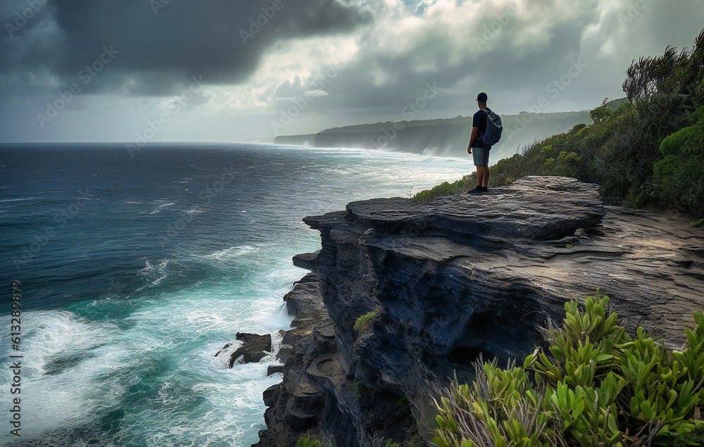 man standing on cliff overlooking ocean