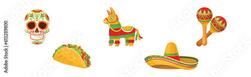 Mexican Objects and Symbols with Skull, Pinata, Maraca, Wrap and Sombrero Hat Vector Set