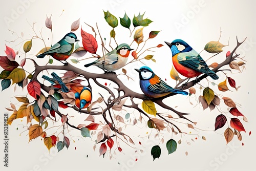 Birds sitting on a tree branch with colorful leaves