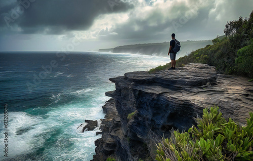 man standing on cliff overlooking ocean