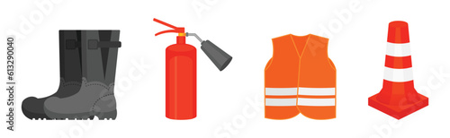 Safety Equipment with Boots, Fire Extinguisher, Vest and Road Cone Vector Set