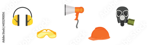 Safety Equipment with Hard Hat, Megaphone, Respirator, Earmuffs and Goggles Vector Set