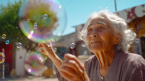 cute elderly white-haired woman 80 years old blowing bubbles, serene and carefree atmosphere
