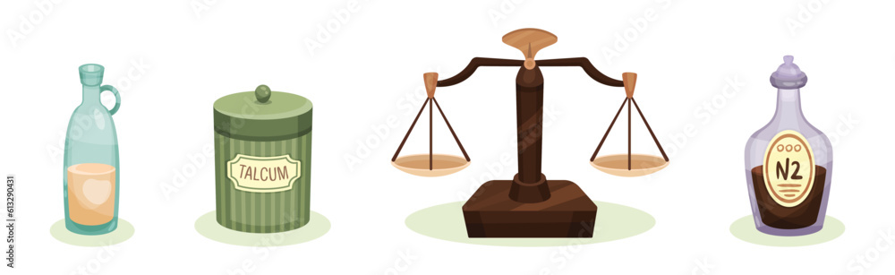 Ancient Medicine with Glass Bottle, Talcum Can and Scales Vector Set Ancient Medicine with Glass Bottle, Talcum Can and Scales Vector Set
