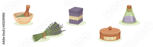 Ancient Medicine with Lavender Bunch, Cotton, Drug and Potion Jar Vector Set