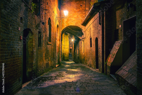 Narrow street in old town Siena at night, Italy