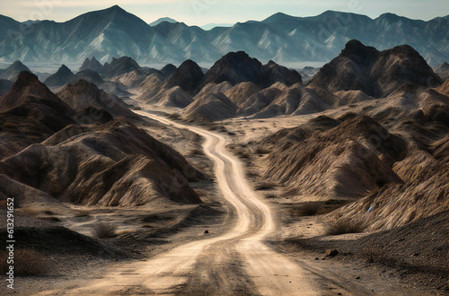 a desert road leading from a mountain in western china