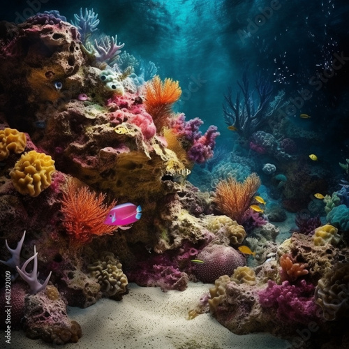 Fondo natural con detalle de arrecife con corales, peces tropicales de color y reflejos de luz